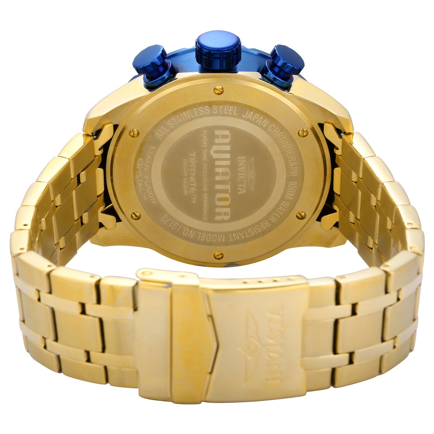 Invicta Aviator 19173 featuring blue dials and gold casing back view