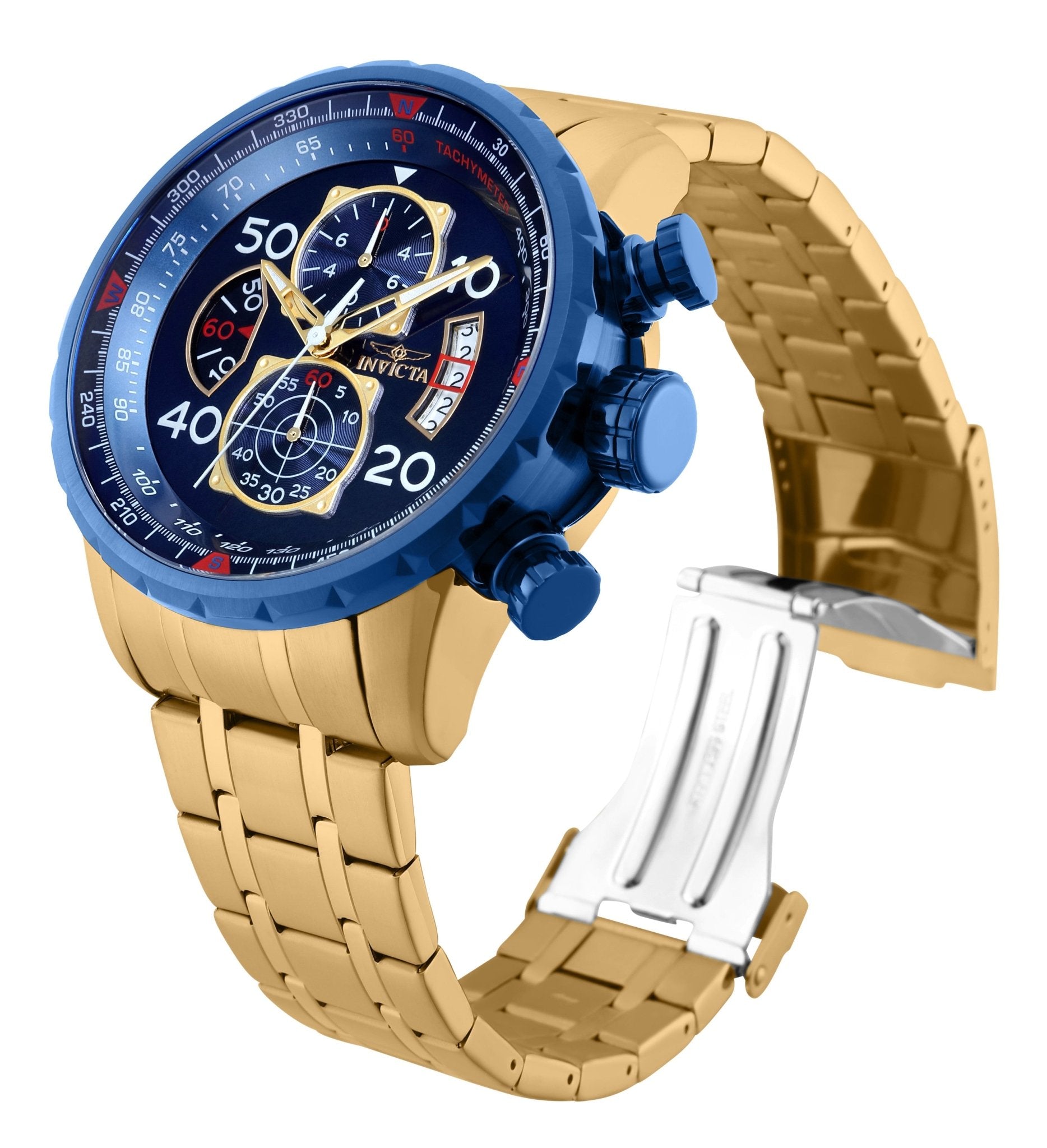 Detailed view of the Invicta Aviator 19173 with blue dial and gold accents