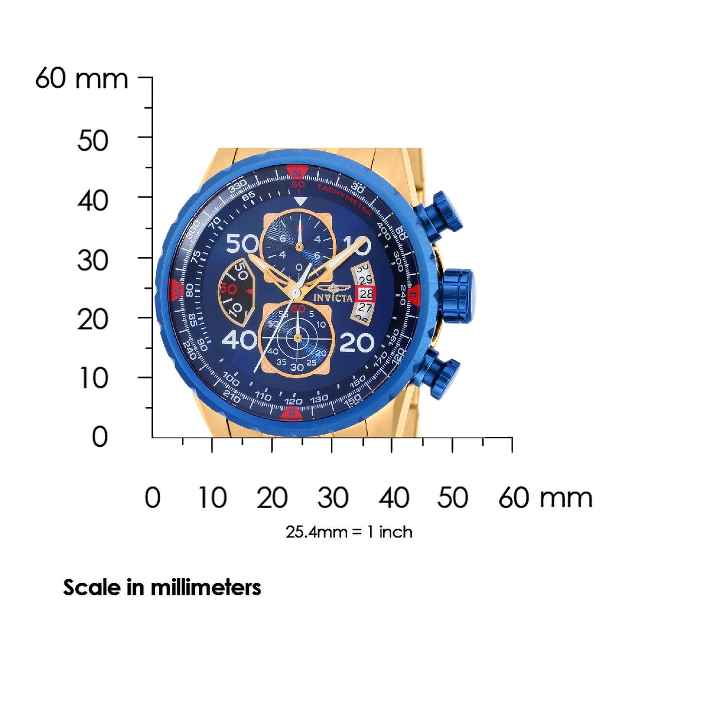 Invicta Aviator 19173 gold-tone watch with blue chronograph dial and bracelet scale view