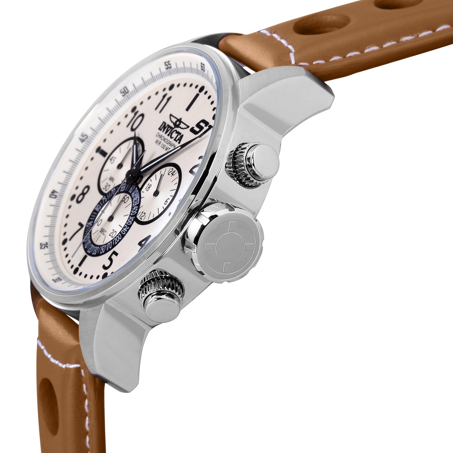 Side close up view of Invicta S1 Rally 16009 quartz watch with white dial and brown strap