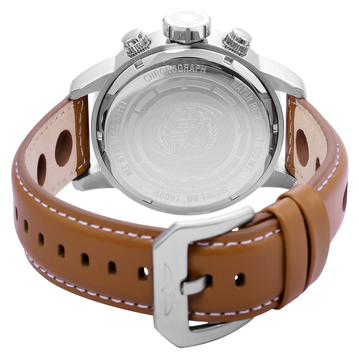 Back view of Invicta S1 Rally 16009 men's watch with brown leather strap