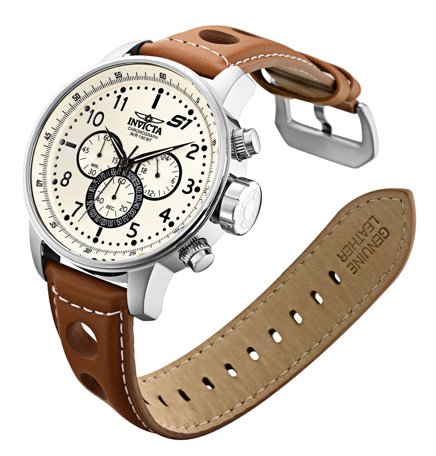 Detail angled view of Invicta S1 Rally 16009 with white dial and brown leather strap