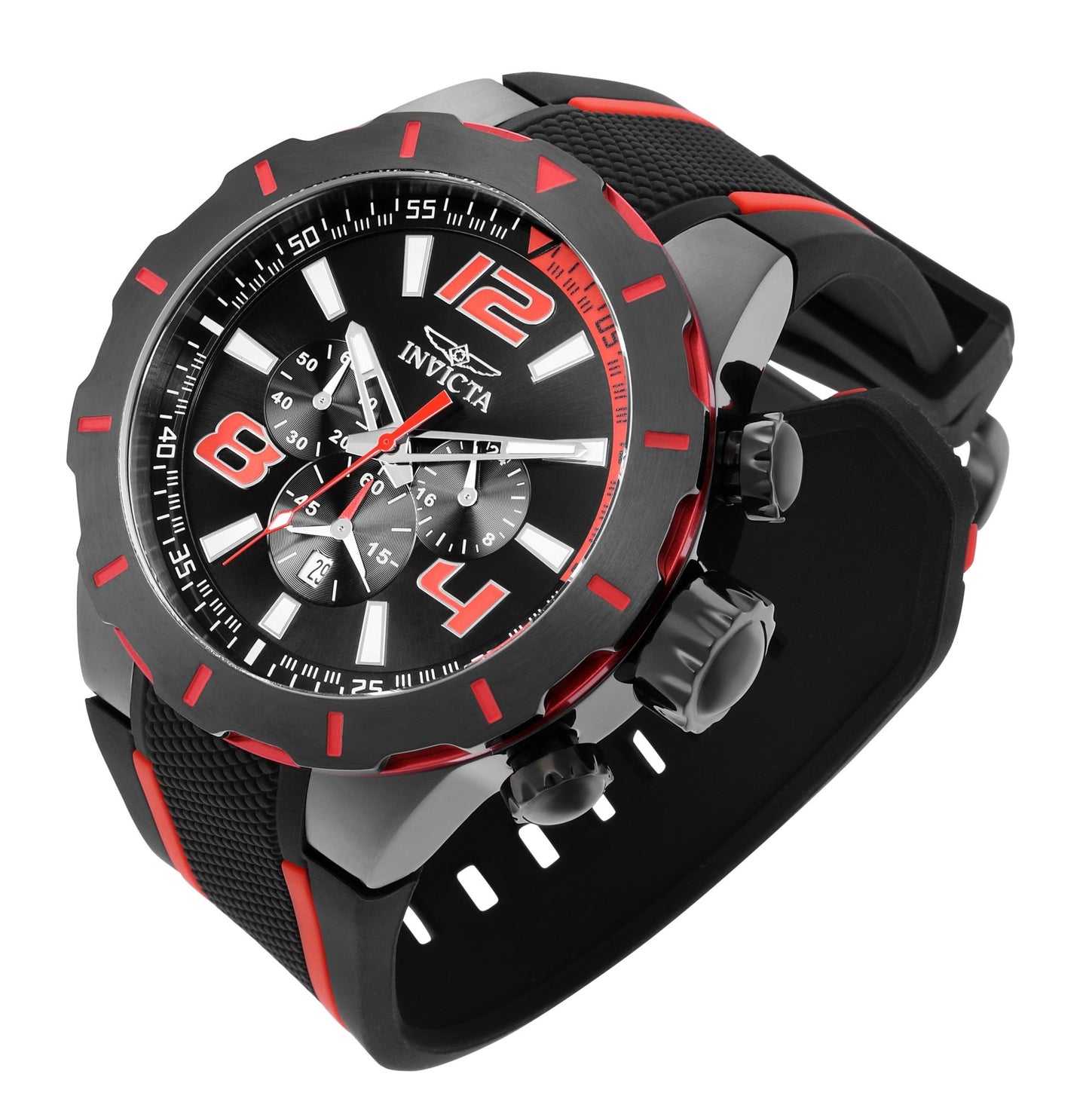 Angled view of Invicta S1 Rally 20109 showcasing the black dial and red details
