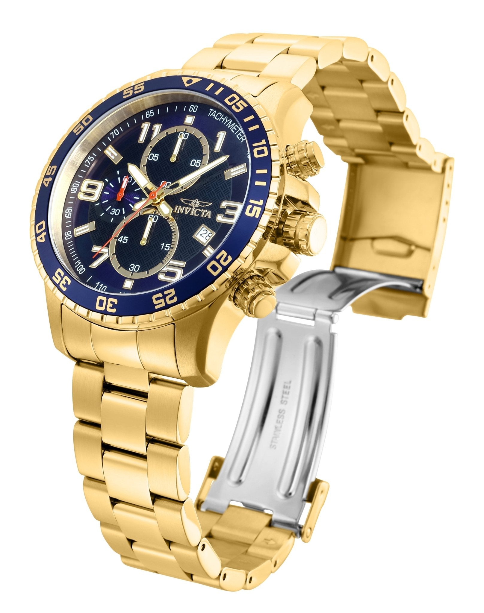 Side angled image of Invicta Specialty 14878 chronograph watch with gold accents and blue bezel