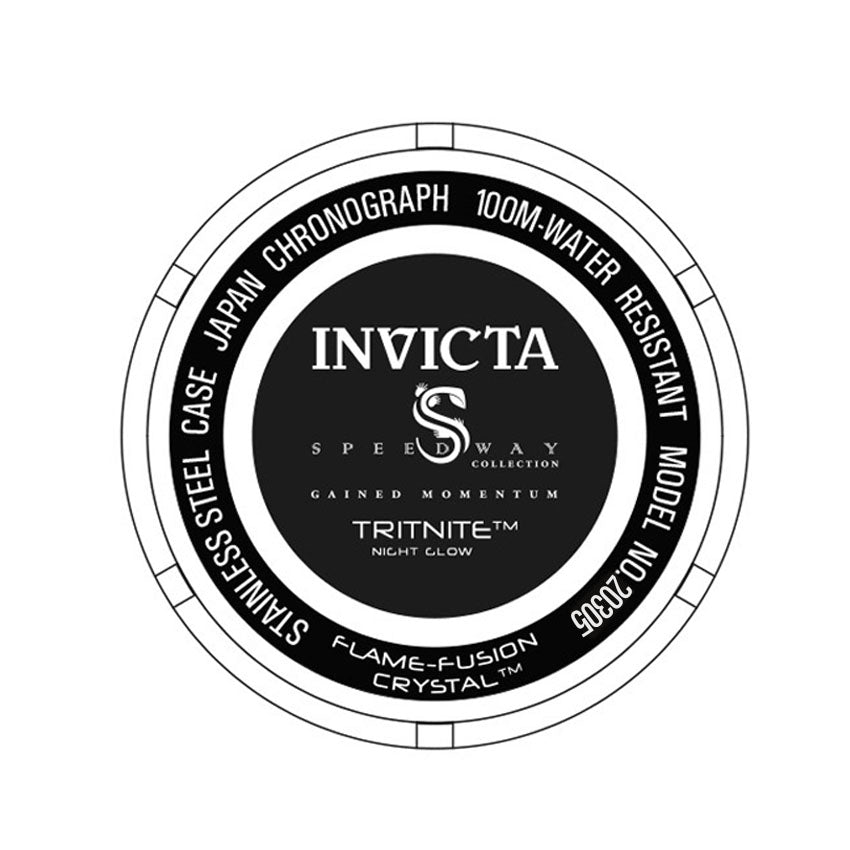 Close-up of the Invicta Speedway 20305 watch logo and detail on teh back case