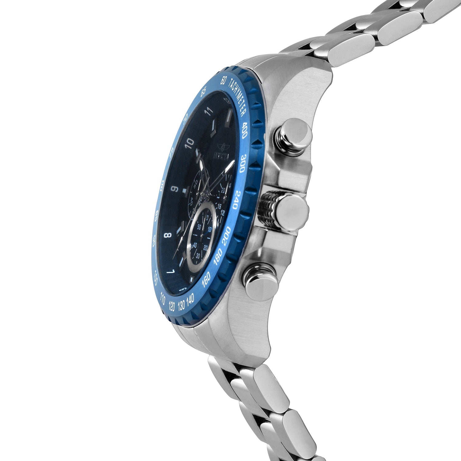 Side view of Invicta Speedway 24212 quartz watch with blue details on stainless steel band