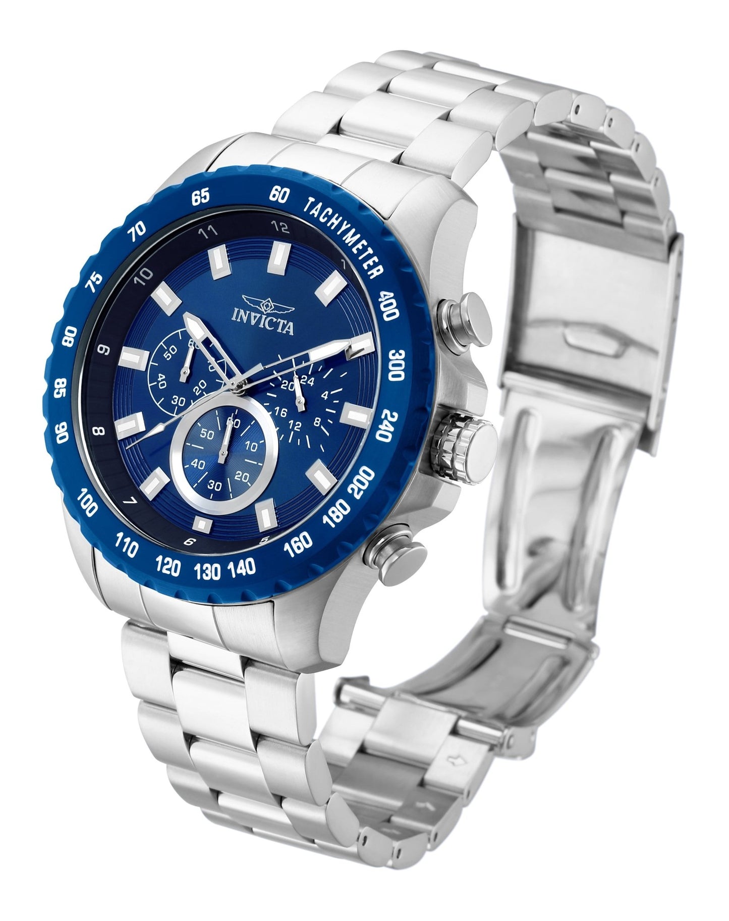 Invicta Speedway 24212 men's quartz watch with blue chronograph dial - angled view