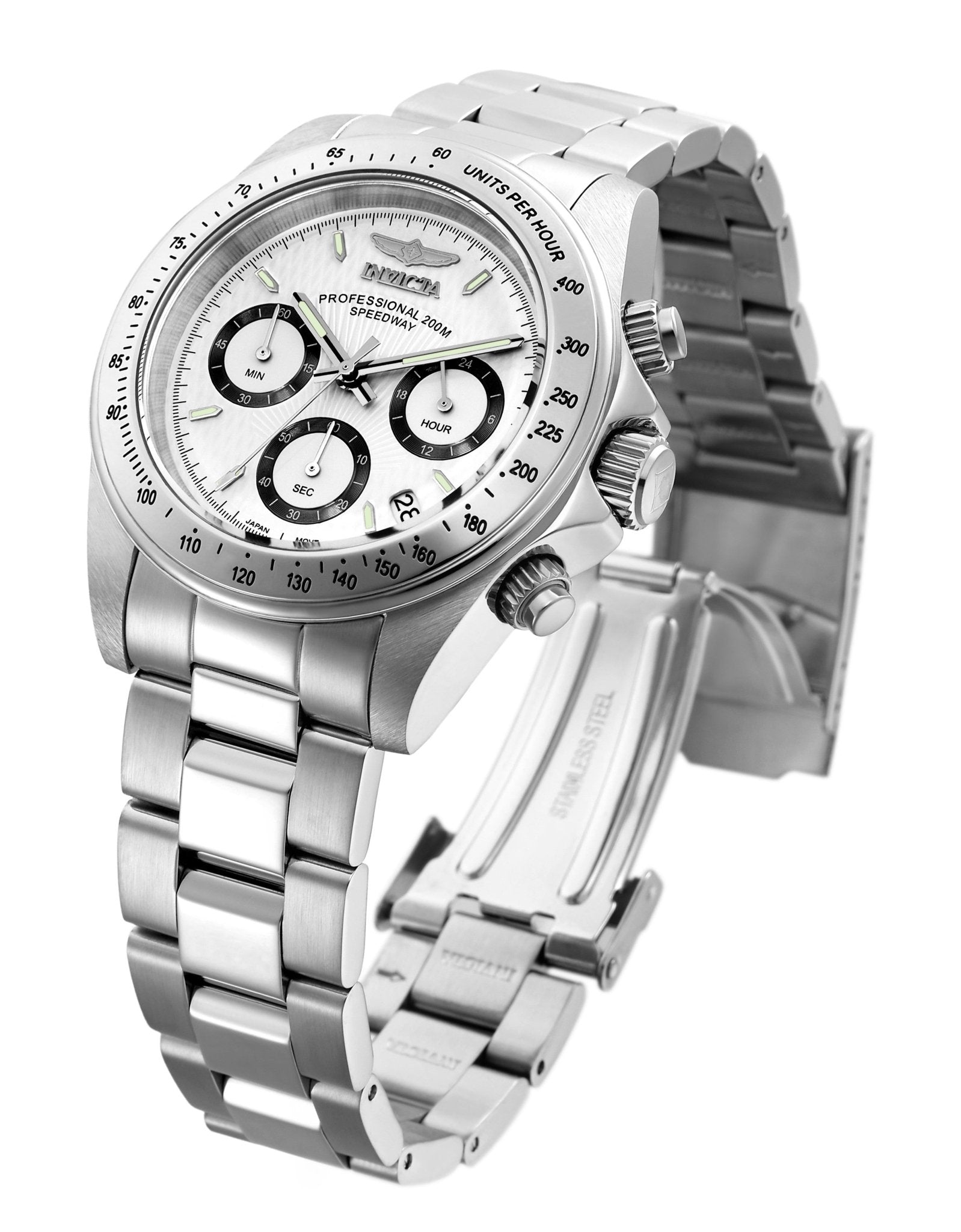Invicta Speedway 9211 Men's Watch with black subdials on a silver stainless steel bracelet