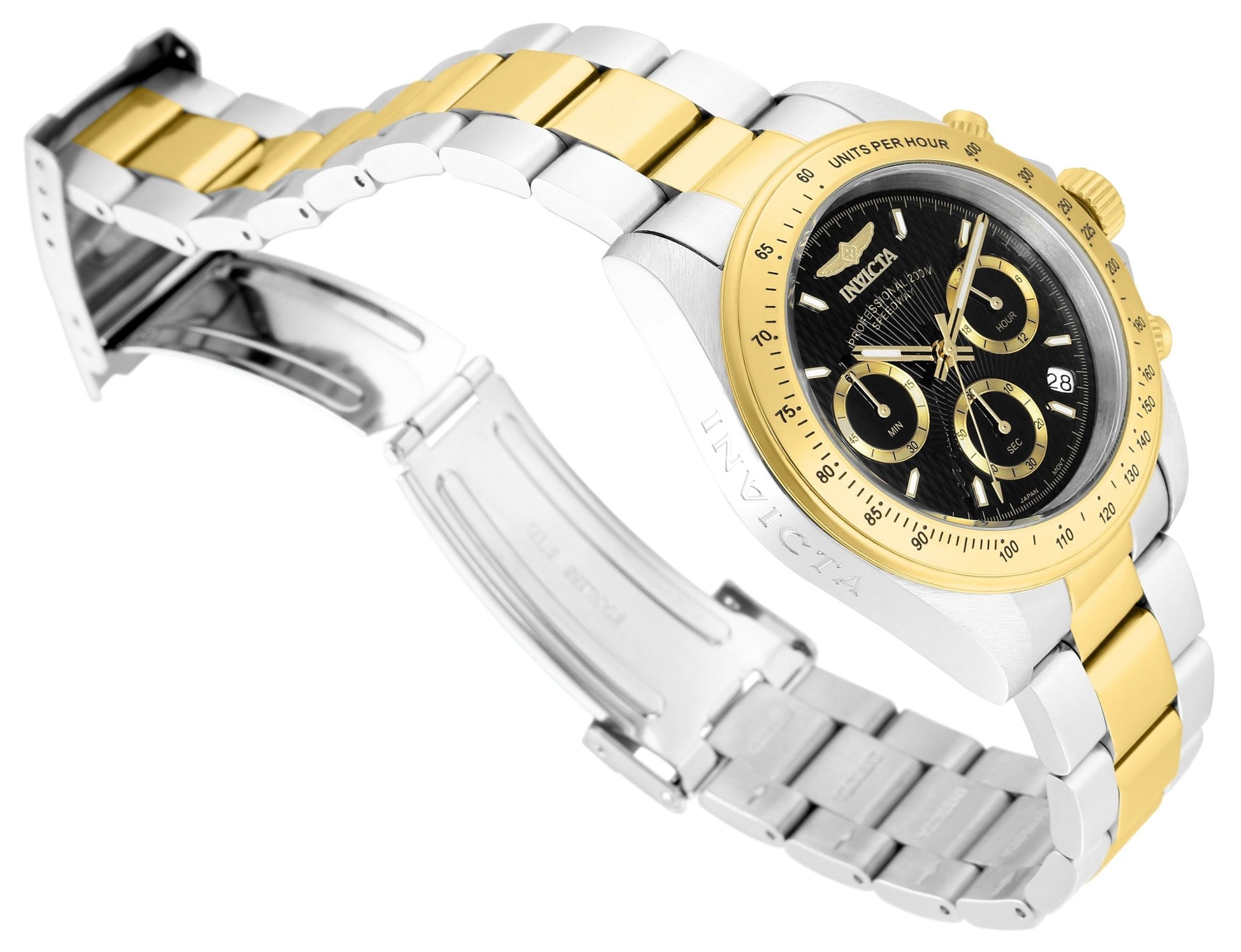 Invicta Speedway 9224 chronograph watch with two-tone stainless steel band, side angle view